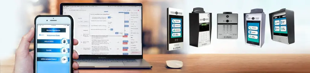 A group of Watchman access control and visitor managment products next to a laptop with TrueCloud Connect open and a hand holding the CellGate app