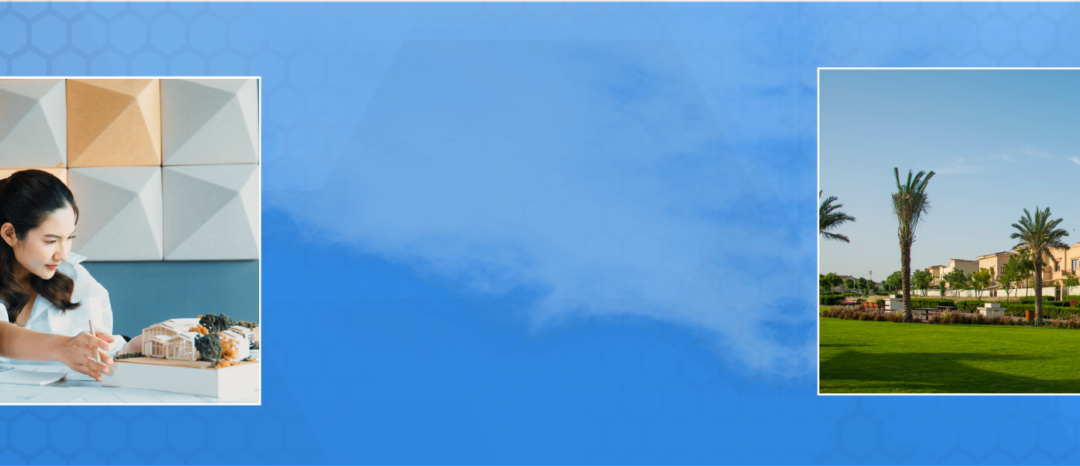 A woman in an office with a laptop and an apartment complex with palm trees