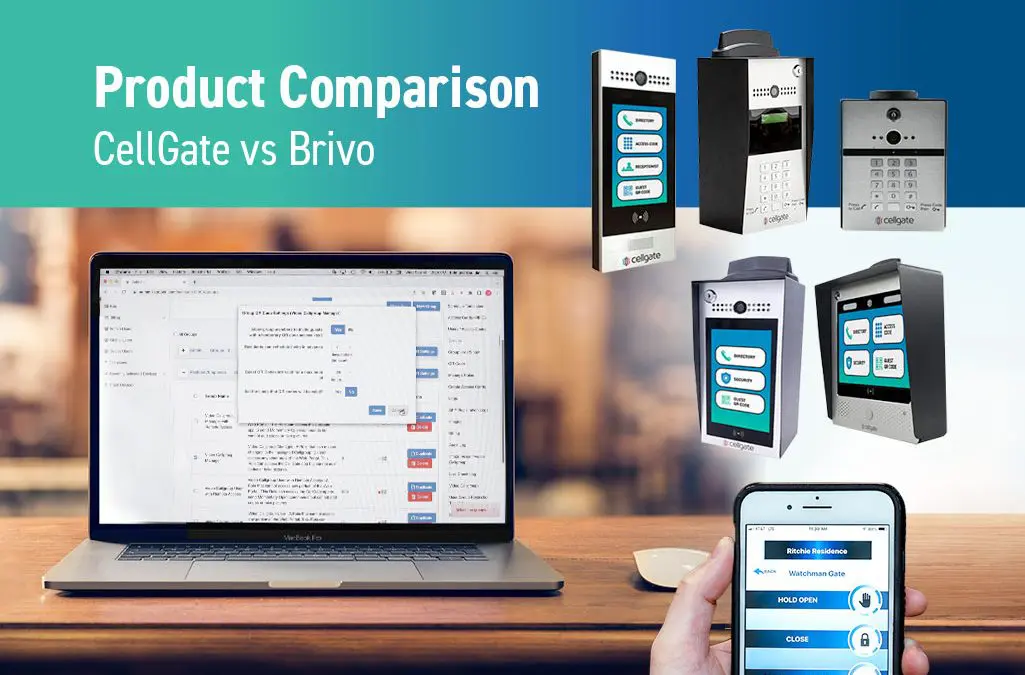 Image of CellGate Watchman access control and visitor management products, with the TrueCloud Connect portal and CellGate app