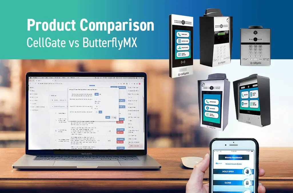 Image of CellGate Watchman access control and visitor management products, with the TrueCloud Connect portal and CellGate app