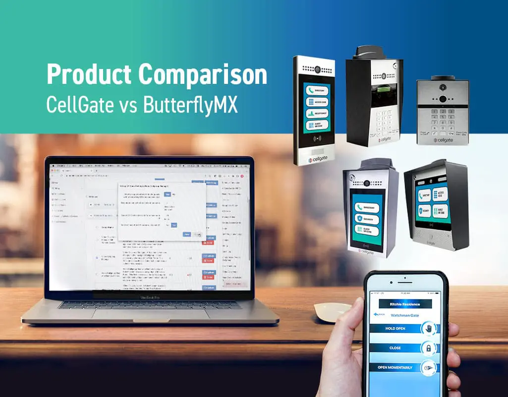 Image of CellGate Watchman access control and visitor management products, with the TrueCloud Connect portal and CellGate app