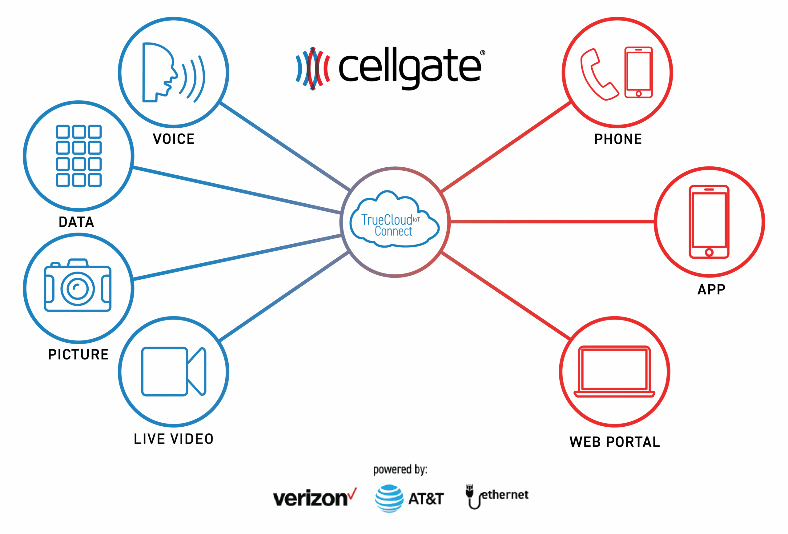 Diagram of CellGate's TrueCloud Connect infrastructure, incorporating voice, data, picture, live video -- accessible via telephone, CellGate app or administrative portal