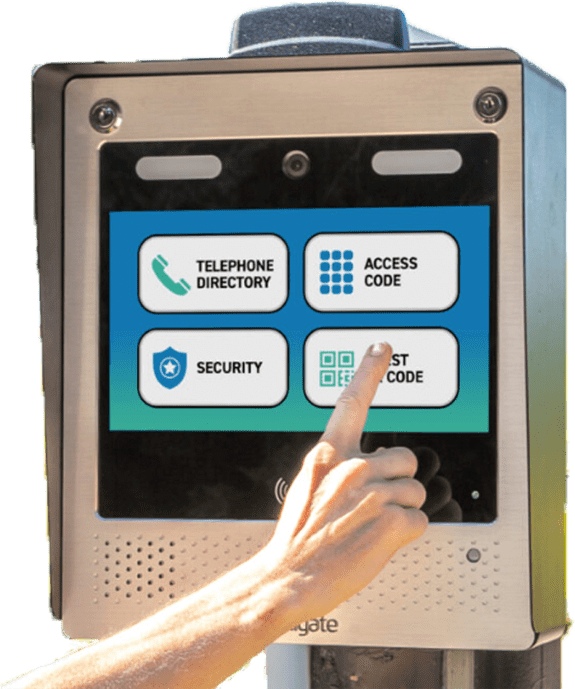CellGate touchscreen access control panel with telephone directory, access code, security, and guest QR code options