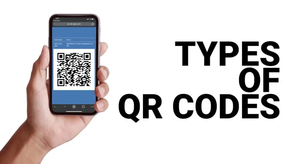 Hand holding smartphone displaying CellGate QR code guest invitation with Types of QR Codes text