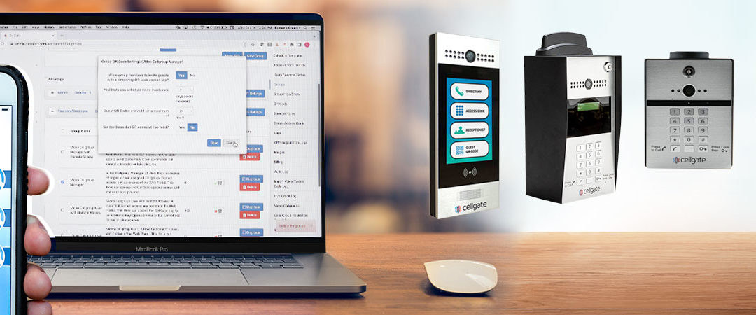A group of Watchman access control and visitor managment products next to a laptop with TrueCloud Connect open and a hand holding the CellGate app