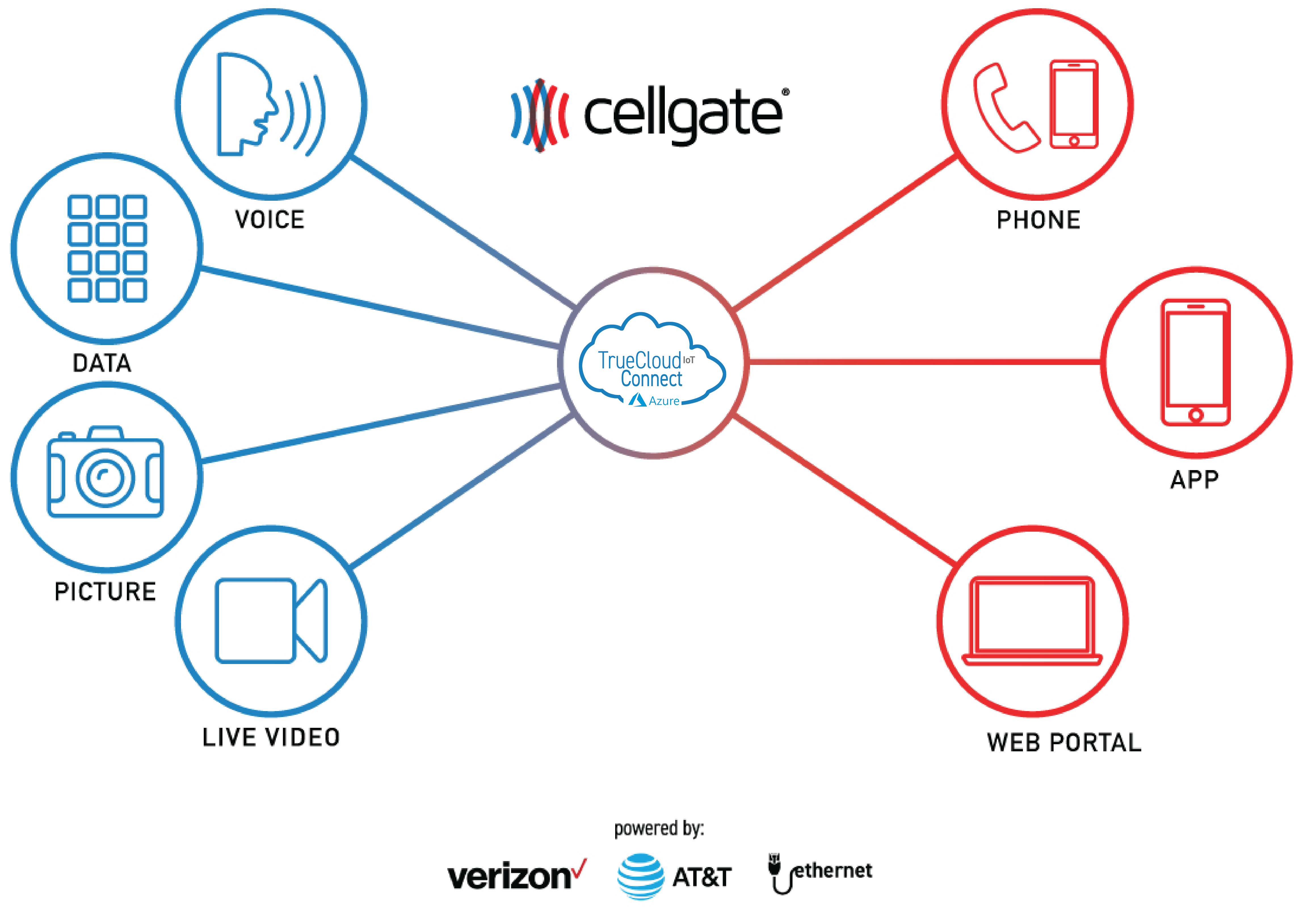 CellGate-TrueCloud-Spider Diagram of CellGate's TrueCloud Connect infrastructure, incorporating voice, data, picture, live video -- accessible via telephone, CellGate app or administrative portal