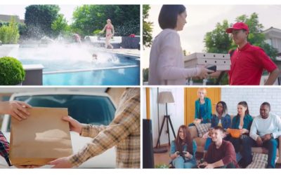 Four photos showing uses for pin code virtual keys including food delivery, outdoor party and having friends over.