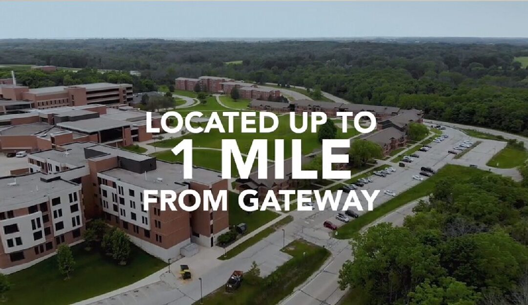A view of a school or business campus from up above with the words "Located up to 1/2 mile from Gateway"