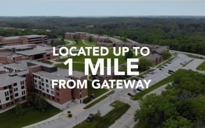 A view of a school or business campus from up above with the words "Located up to 1/2 mile from Gateway"