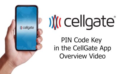 A hand holding a smart phone with the CellGate app open, with the title "PIN Code Key in the CellGate App Overview Video"