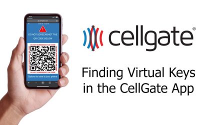 A hand holding a smart phone with a QR Code Virtual Key on the screen, with the title "Finding Virtual Keys in the CellGate app"