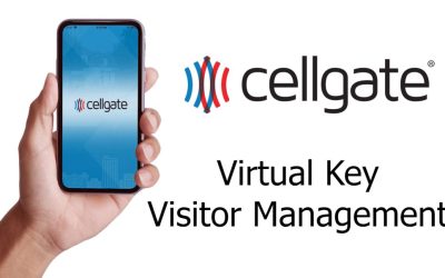 A hand holding a smart phone with the CellGate app open, with the title "Virtual Key Visitor Management"