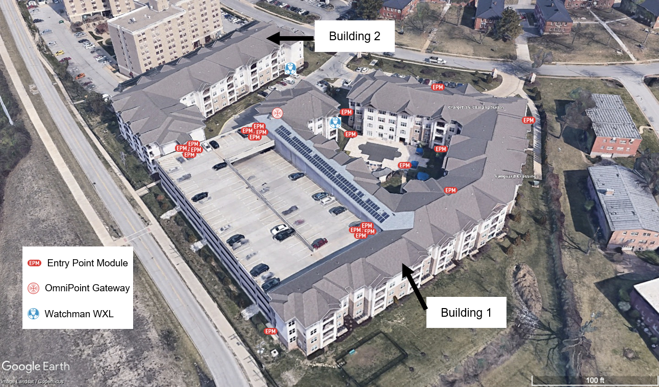 aerial photo of apartment complex showcasing how omnipoint and watchman products were installed in crucial entrances and sites that required monitoring and management through CellGate's access control system in multifamily 