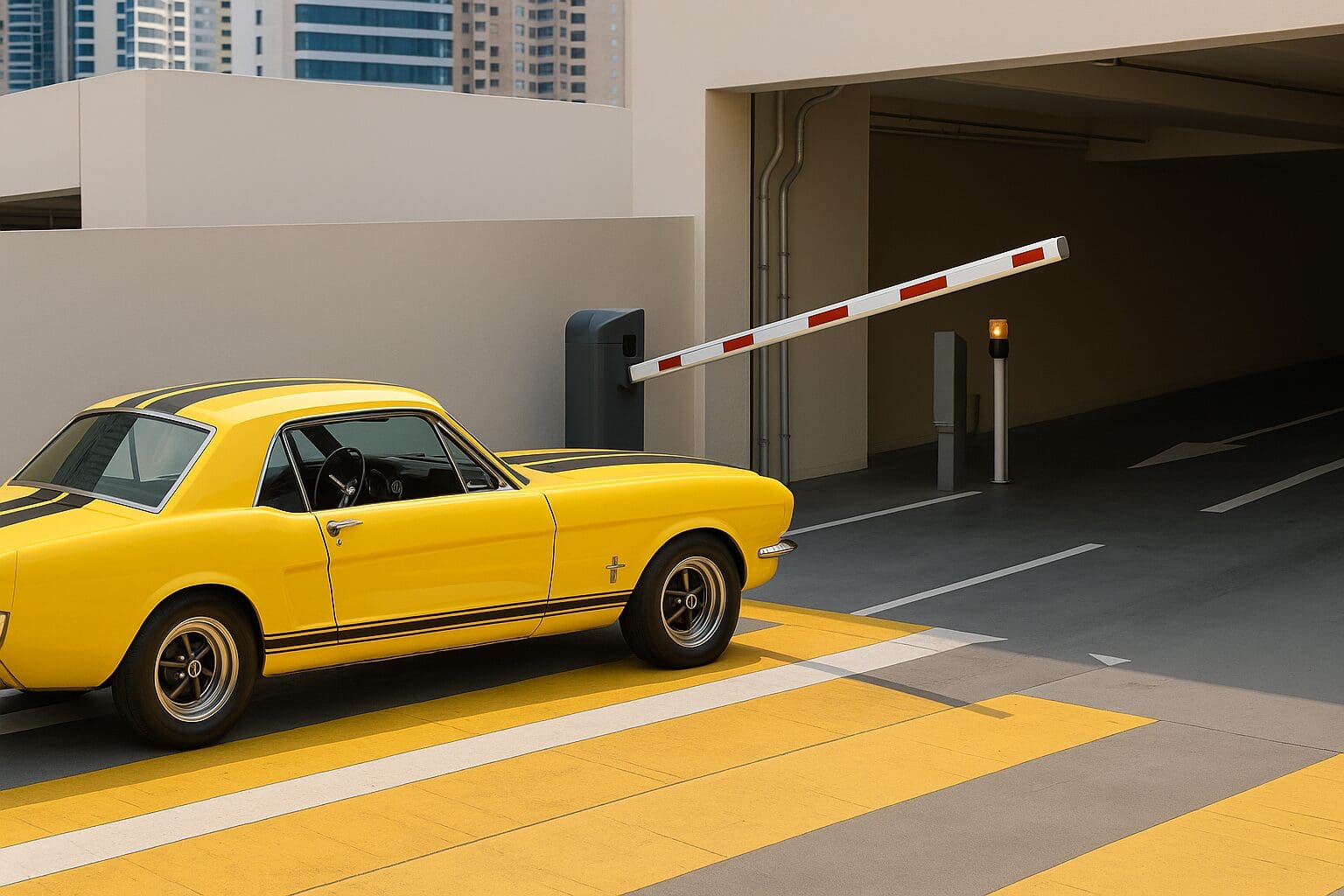 Yellow Mustang Vehicle Entering Parking Garage Through Lifting Arm