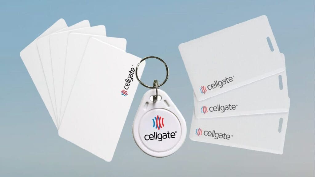 Three types of CellGate physical credentials including access cards, key fob, and clamshell cards