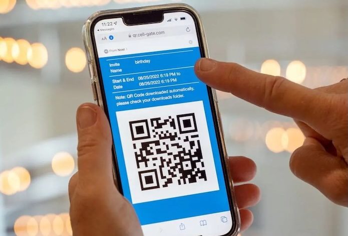 Person holding smartphone displaying a CellGate guest QR code invitation with invite name, start and end date details