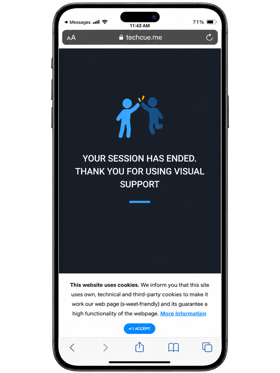 VirtualAssist session ended screen on a smartphone