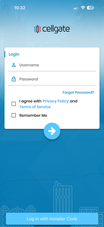 CG Installer app login screen
