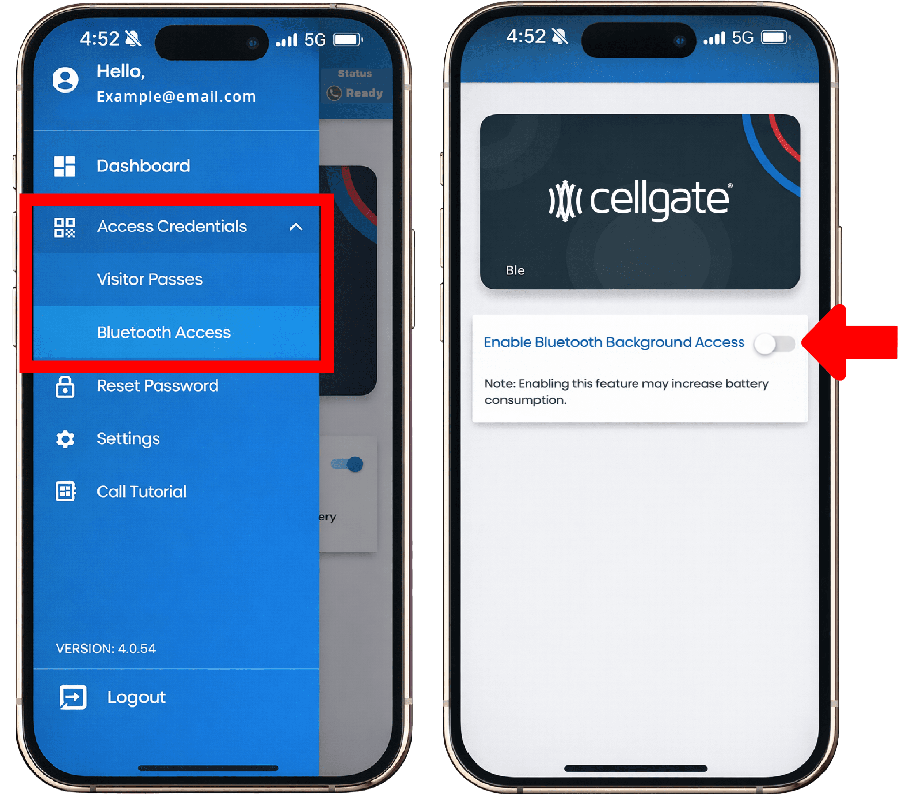 CellGate app access credential screens showing Bluetooth access toggled on and off